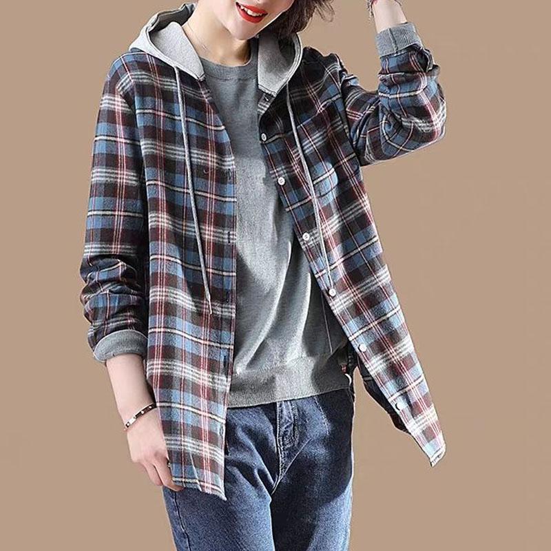 Spring and Autumn Women's Fashion Commuter Hooded Plaid Shirt Mid Length Spliced Cotton Shirt Versatile Comfortable Coat