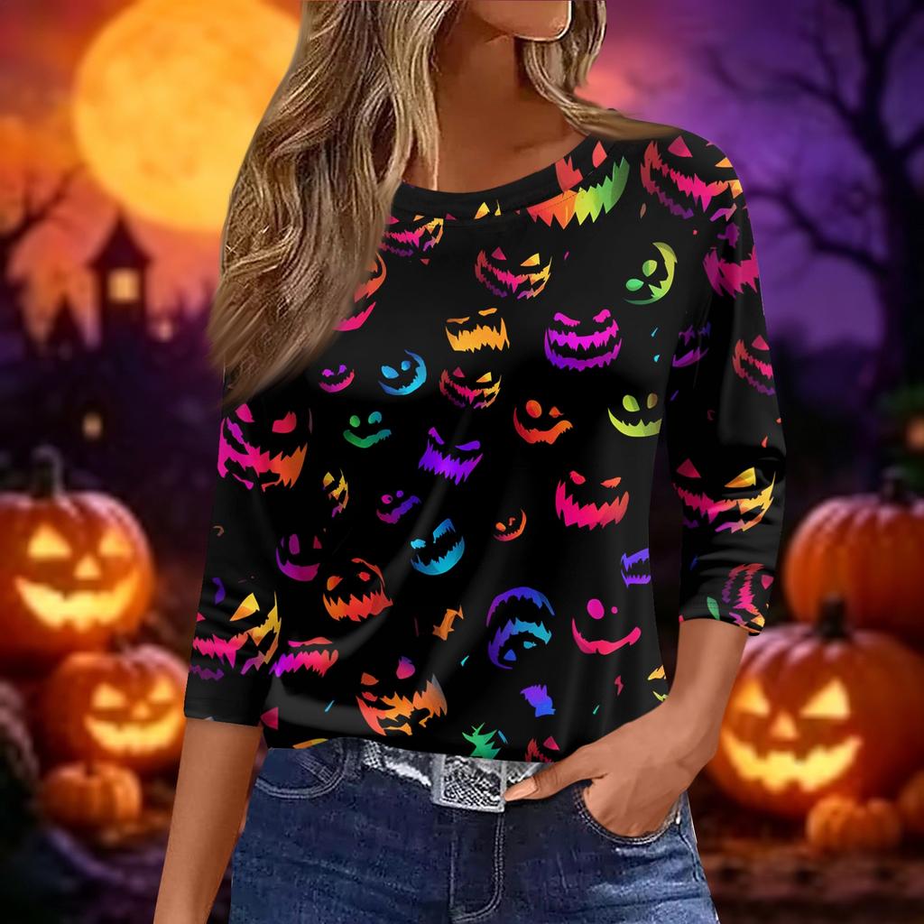 Women's Fashion Casual Short Sleeve Neck Top with Halloween and Pumpkin Print