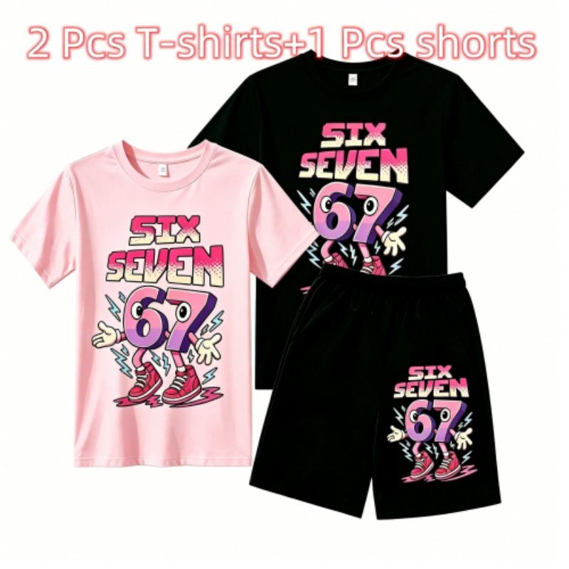 Fashion Cartoon 67 Graphic Print Outdoor Street Kids T-shirt and Shorts Summer Home Casual Outfit Boy and Girl's Sports Set