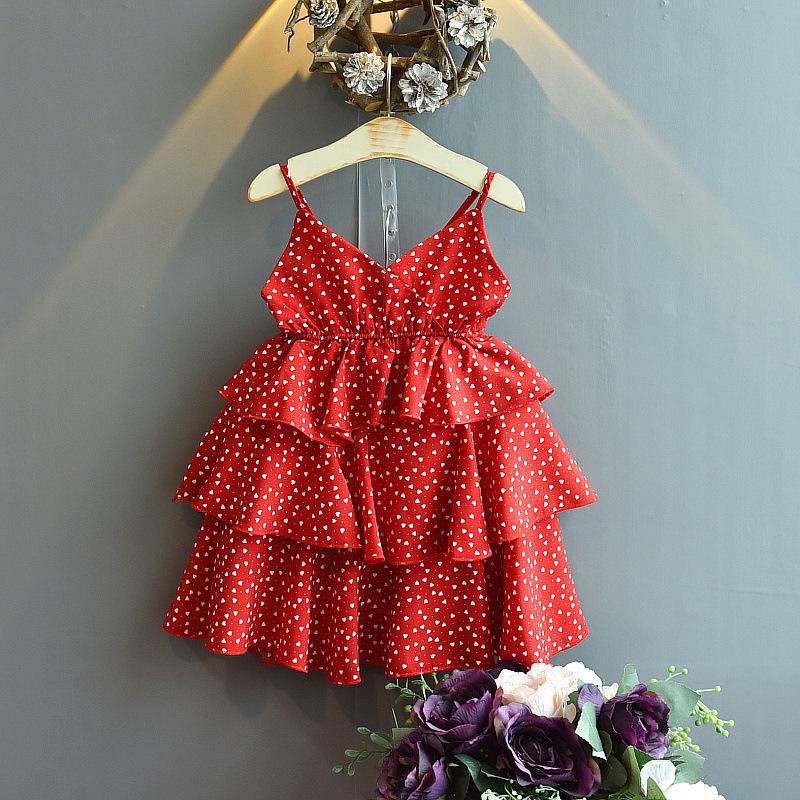 Girls Summer Fashionable Sweetheart Print Strap Tiered Cake Dress 90cm красный