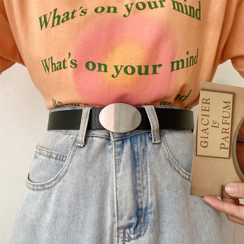Modern Pu Womens Casual Belt With Decorative Oval Metal Mirror Buckle For Fashion Style Forward