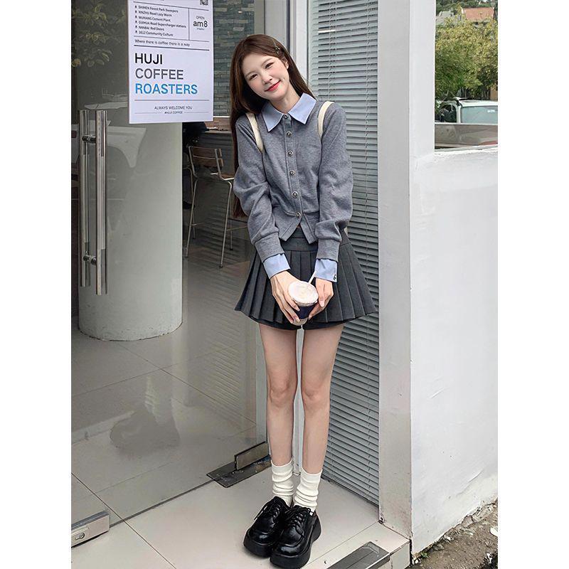 

Women s Knitwear Academy Style Two-Piece Set: Lapel Long Sleeve Cardigan & Pleated Short Skirt - Autumn/Winter Collection. XL (recommended weight 115-125 jin)