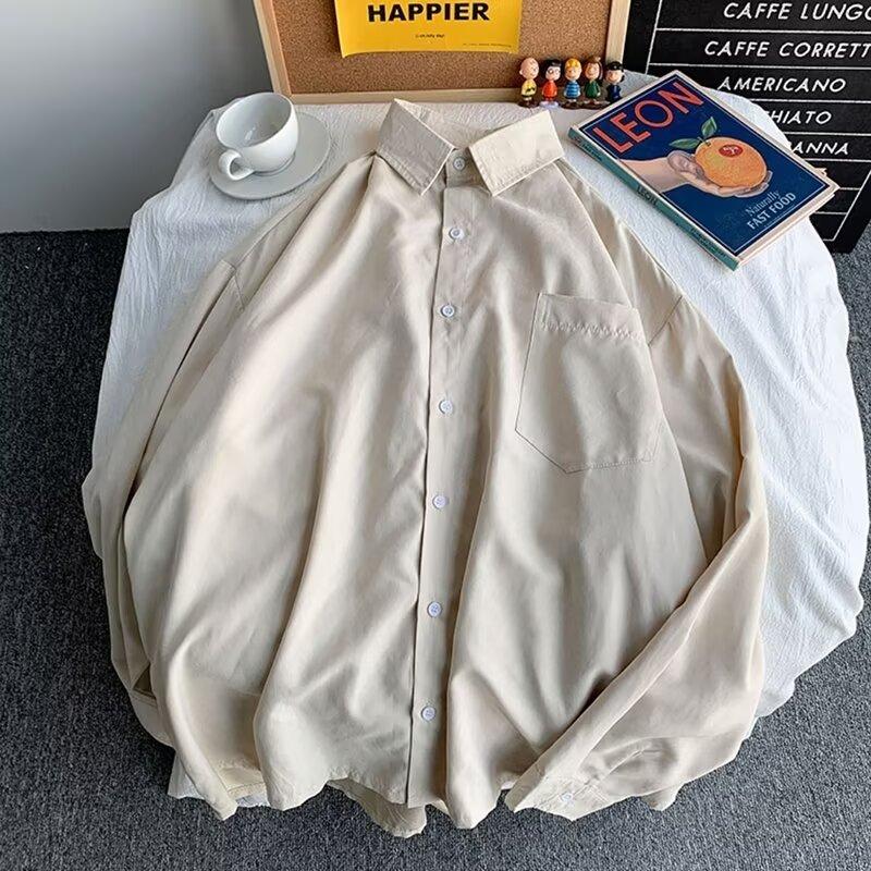 

2024 Однотонная рубашка с длинными рукавами, свободная рубашка, мужская летняя тенденция, универсальная повседневная куртка 3XL бежевый