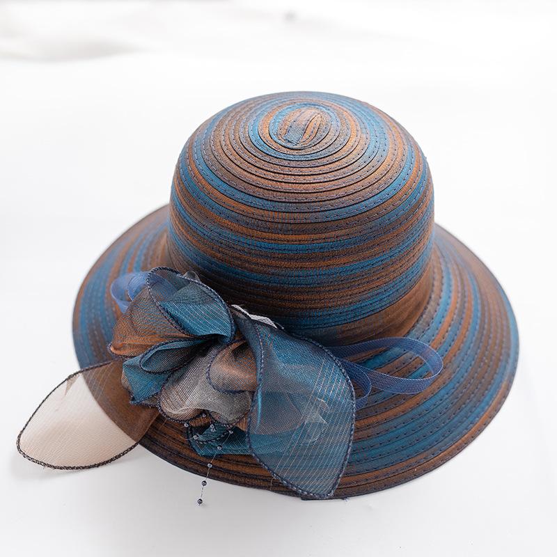 

Straw hat women s big brim sun hat sunscreen sun hat casual middle-aged and elderly gradual change organza dome hat mother hat One size fits all тёмно-синий