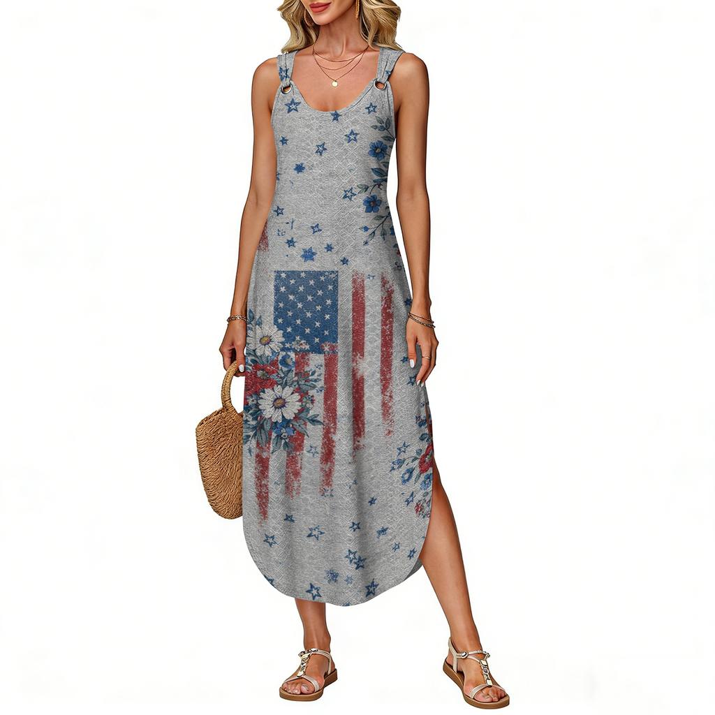 Women's Summer Long Dress Sleeveless Side Slit Long Independence Day Print Vacator Dress