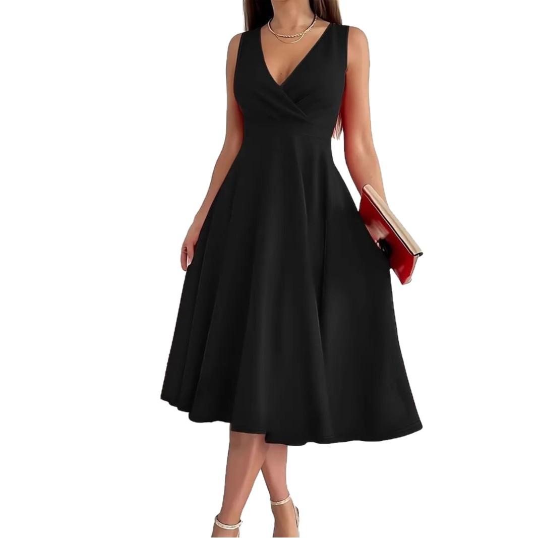 

A New Summer Style Simple Solid Color Sleeveless V-neck Cinched Waist Elegant Evening Dress XXL чорний