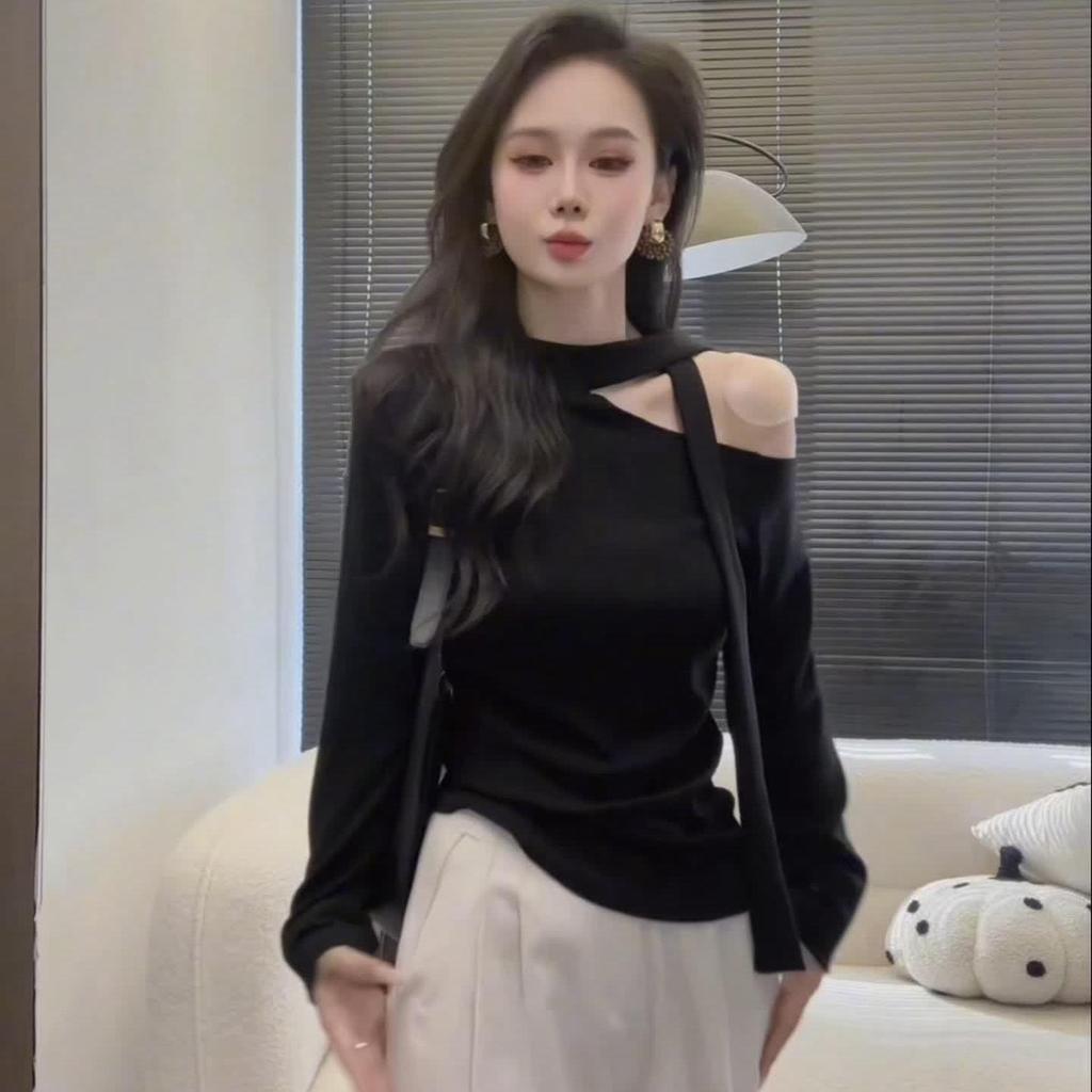Design-Sense Autumn Asymmetrical Slash Neck Long-Sleeved Ribbon Top