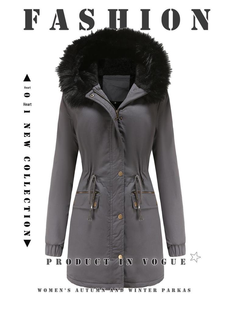 Women's Fleece-Lined Hooded Parka with Fur Collar - Warm Loose-Fit Cotton Jacket, European Size (2021 Autumn/Winter Collection)