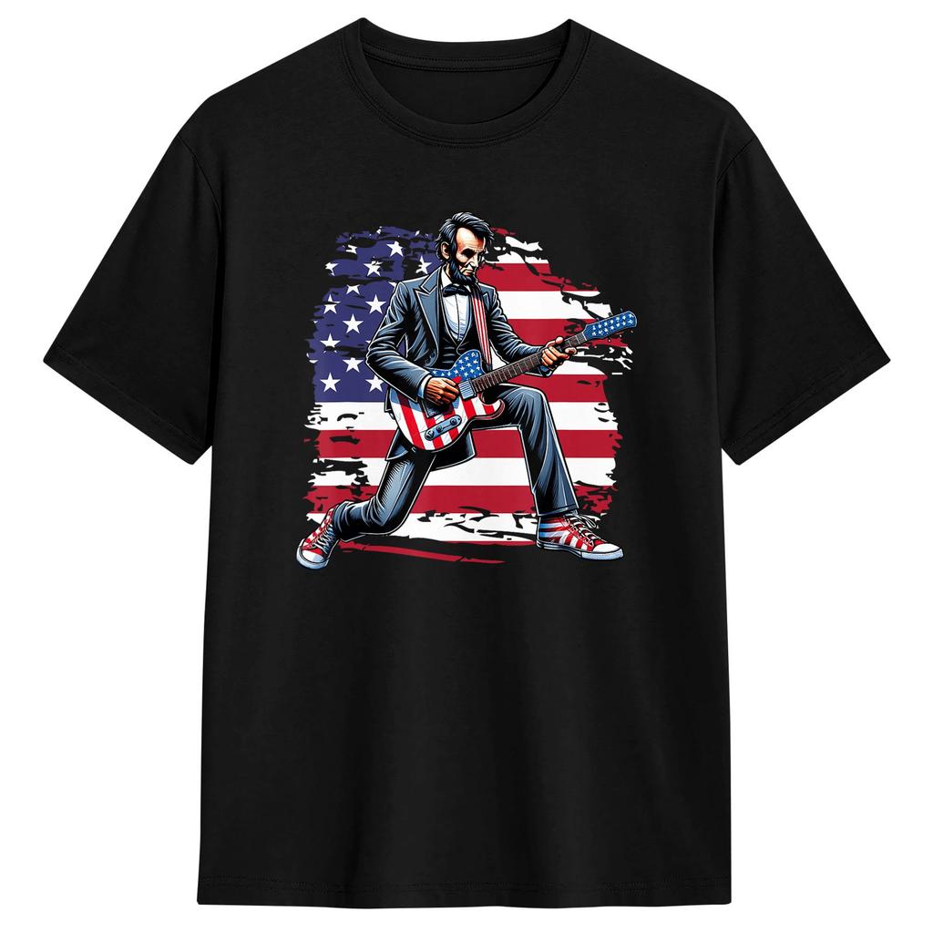Abraham Lincoln Playing Guitar Retro Music T Shirt Summer Classic Tshirts Pure Cotton Leisure Tshirt For Unisexs Design Tees