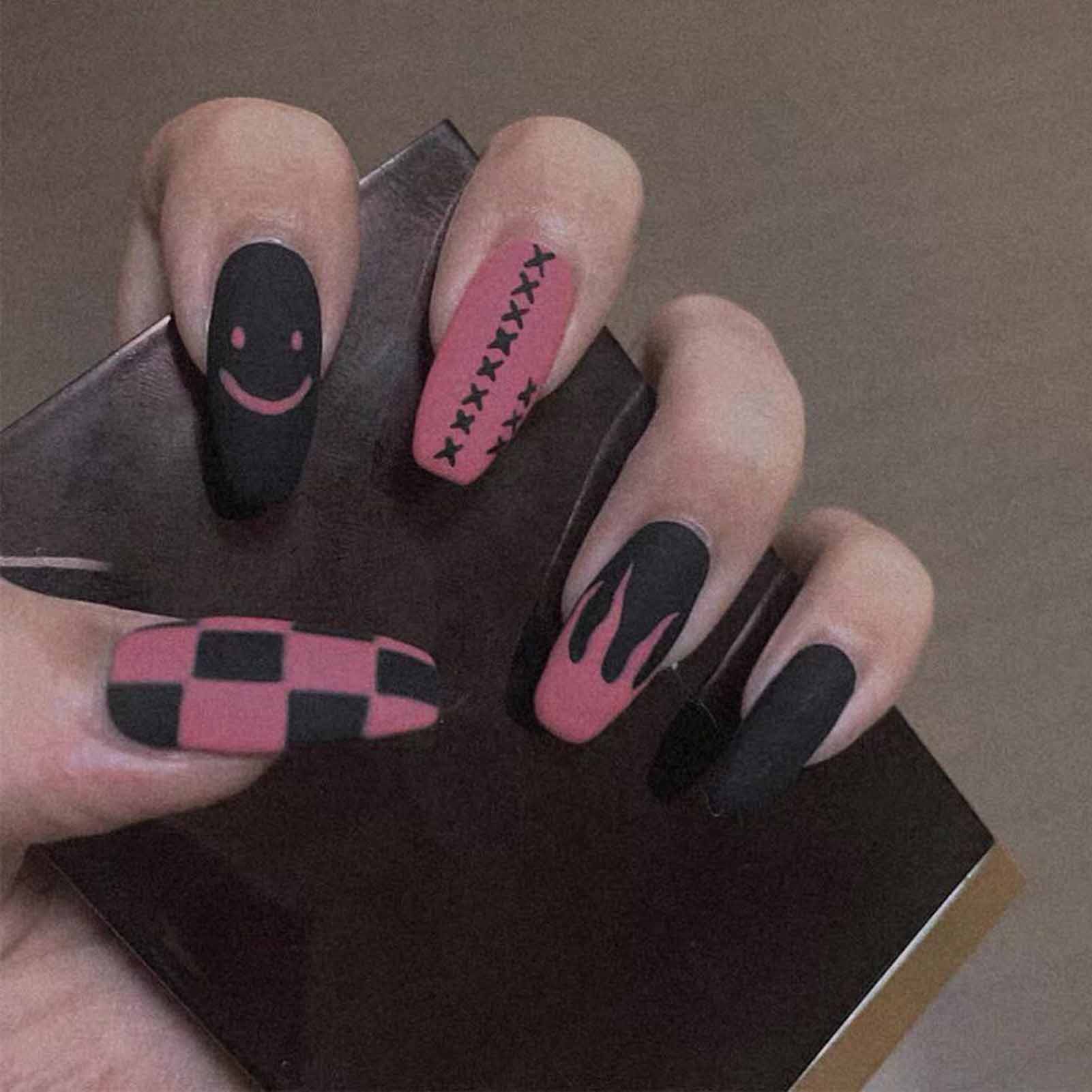 Yinyang Dark Retro Ballet Punk Flame Press On Nails Full Cover Fake Nails Adhesive
