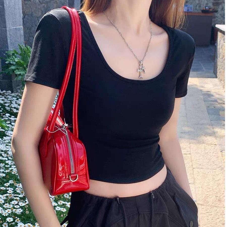 Red U-neck short-sleeved front-shoulder T-shirt women's summer new simple Spice Girl fashion slim-fitting short top