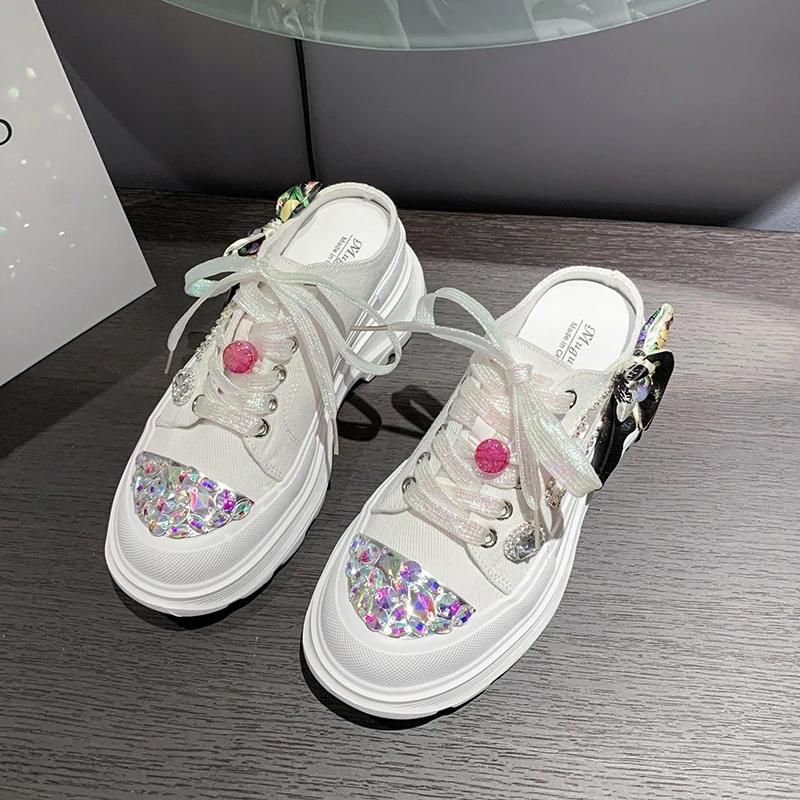 Fashion 2025 New Thick-soled Rhinestone Luxury Half Slippers Autumn Ladies Casual Breathable Sneakers Bow Knot Lovely Lolita Women Shoes