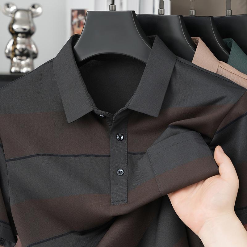 Middle Aged Men Short Sleeve Striped Polo Shirt Summer Casual Top