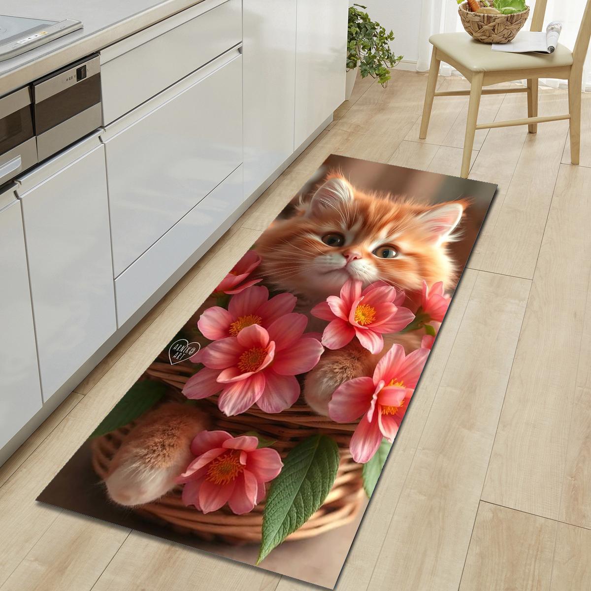 

1 шт., милый напольный коврик с рисунком кошки, современный кухонный полиэстеровый ковер, нескользящий, цветной, для дома, ванной комнаты, спальни, гостиной, декора 40*60cm