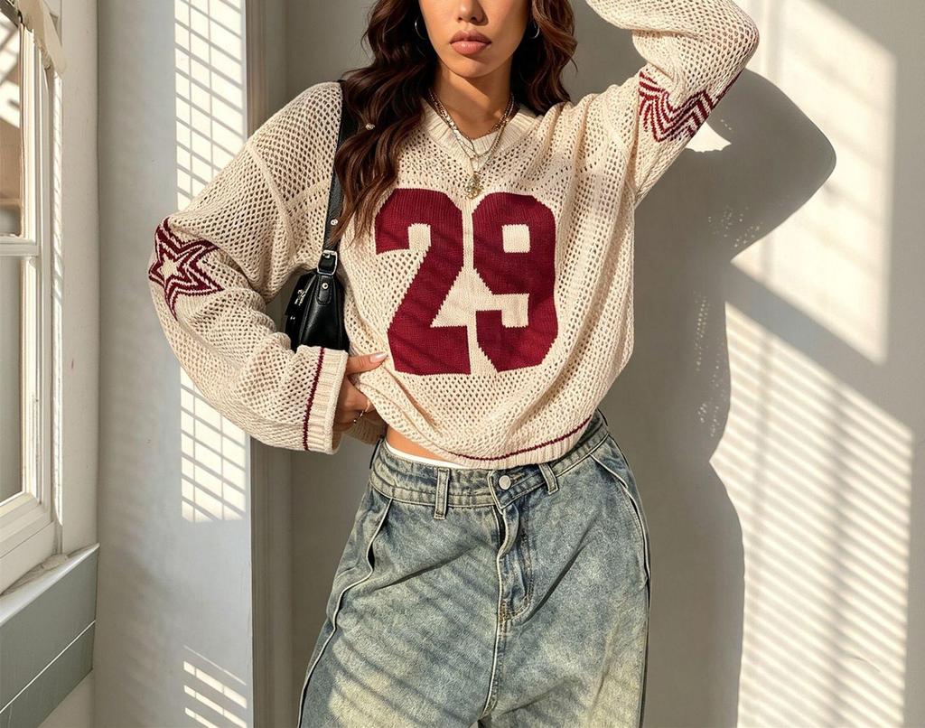 Manga 2025 Digital Print V-neck Knit Sweater: New Fashion Casual Streetwear