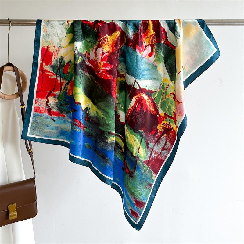

Шелковый платок 90X90см в стиле ретро-масляной живописи Женский квадратный платок-шаль для мамы в подарок Мягкие обертывания Носовой платок Повязка для волос Защита от солнца 90X90cm