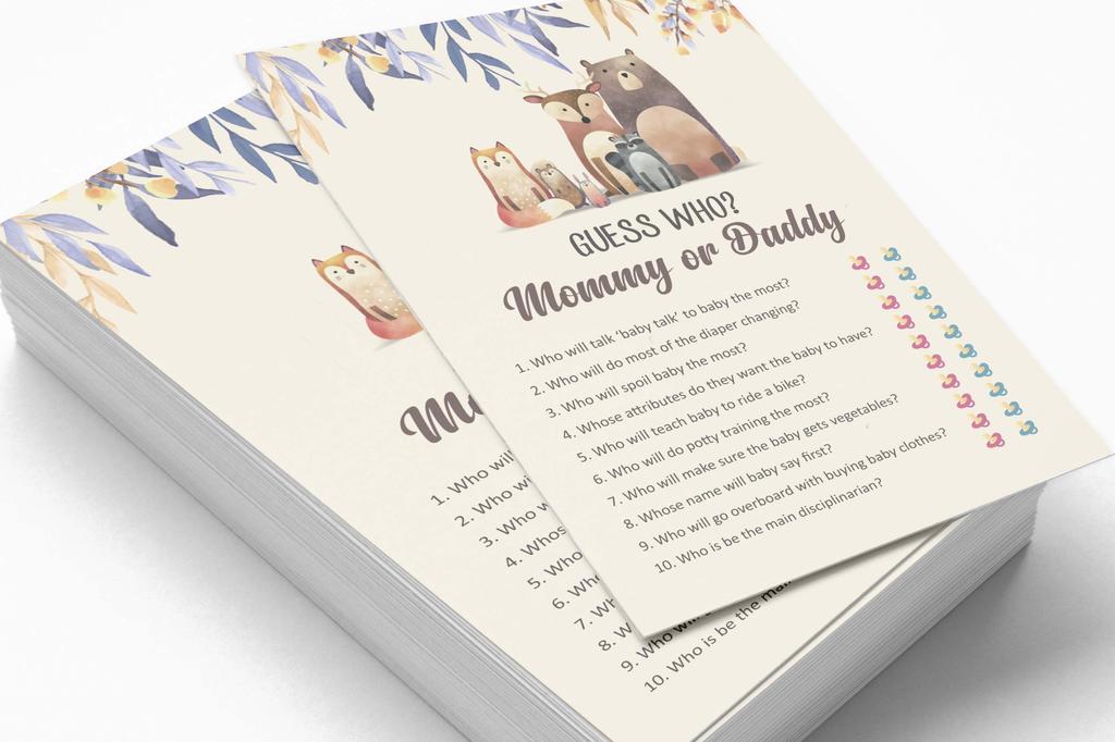 Inkdotpot Who Said it Game Mommy Or Daddy 50 Sheet Fun Baby Shower Game Gender Neutral Leaves & Animals Party Supply