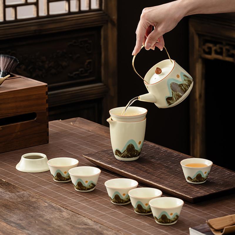 Light Luxury Set with Tea Tray Ceramic Can Be Opened Ru Kiln Qingshan Tea Set