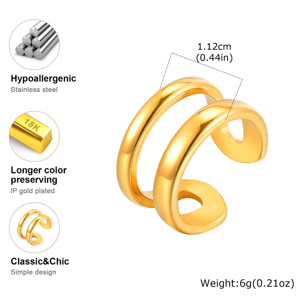 Stainless Steel Double-layer Geometric Women's Rings, 18K Gold Color Opening Chunky Ring, Waterproof Party Jewelry Gift