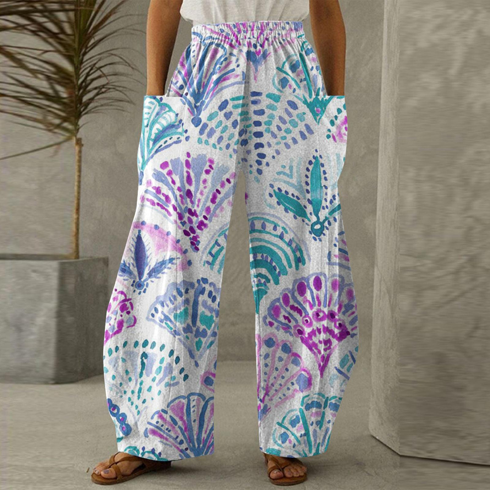 

Модные женские повседневные брюки с высокой талией и принтом, свободные брюки с эластичной резинкой на талии и двойными карманами XL