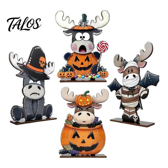 Cute Halloween Animal Decor 4 Pcs Highland Cow Table Decoration, Rustic Wooden Pumpkin Bat Bucket Zombie Signs, Farmhouse Tabletop Centerpiece