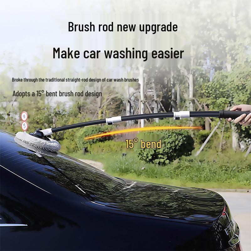Telescopic Car Wash Brush: Curved Rod with Soft Bristles, Long Handle, Portable and Gentle on Vehicle Surfaces.