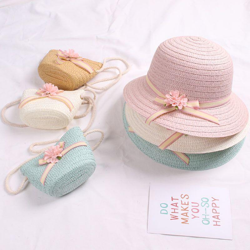 Sun Straw Hat Kids Girls Large Wide Brim Travel Beach Cap Sweet Flower Bowknot Sun for Protection Hat with Shoul