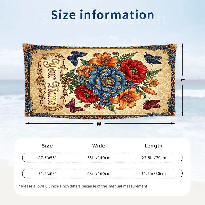 Floral Elegance Birds Theme Quick Dry Beach Towel Custom Name Text Print Large Sand Resistant Towel Beach Vacation