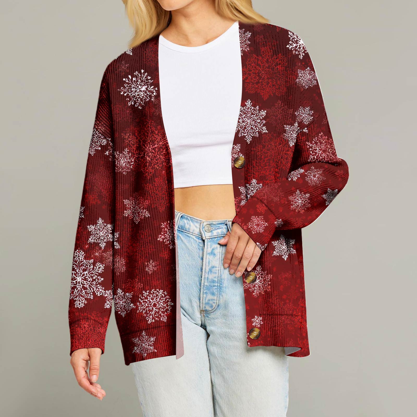 

Женский модный кардиган с длинным рукавом, V-образным вырезом, на пуговицах, свободного кроя, с рождественским принтом XL