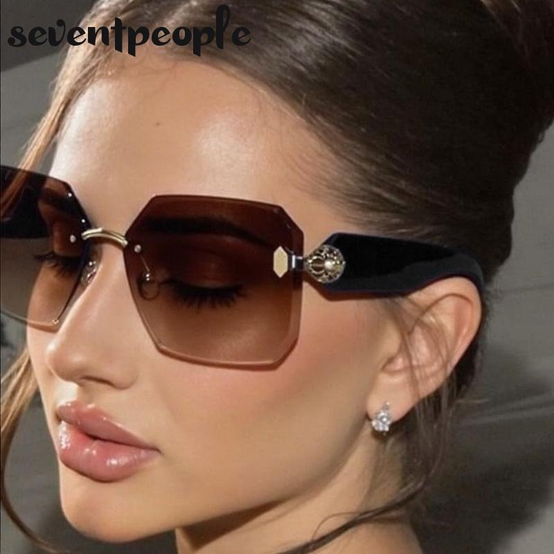 Oversized Rimless Square Sunglasses Women  Luxury Brand Trendy Punk Frameless Sun Glasses For Ladies Vintage Outdoor Shades