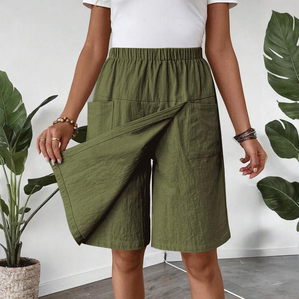 Women's Fashion Pants And Skirts Solid Color Elastic Waist Pocket Casual Shorts