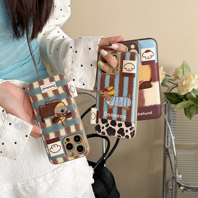 Cute 3D Dachshund Dog Color Block Phone Case, Leather Texture Protective Cover for iPhone