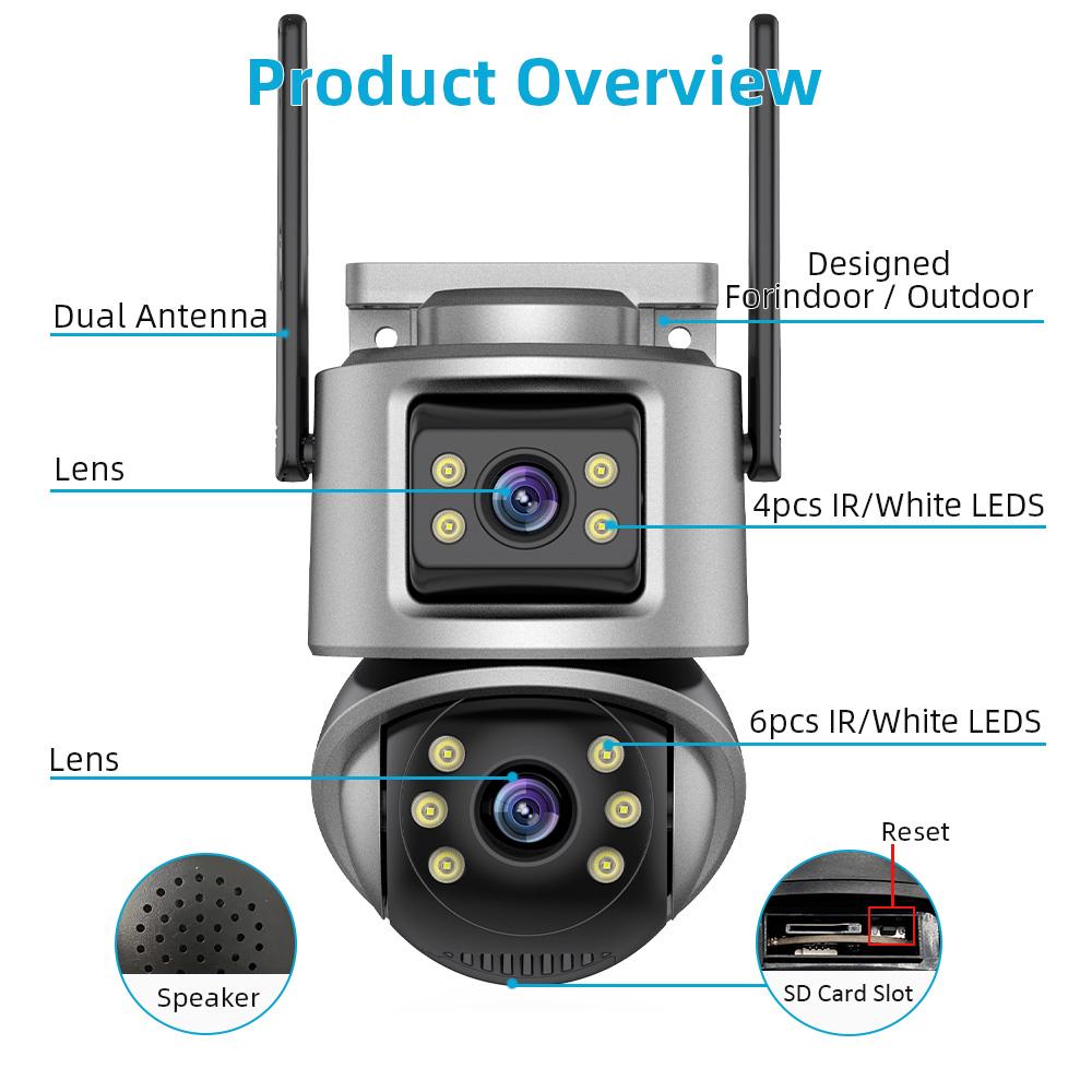 4K 8MP Wifi Camera PTZ Outdoor Dual Screens Human Detection Dual Lenses 4MP Security Protection IP Camera Audio iCSee App