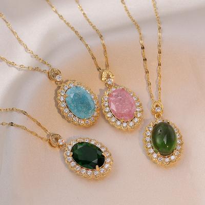 Luxurious Oval Zircon Pendant Necklace for Women 2024 New Stainless Steel Chain Jewelry Party Accessories