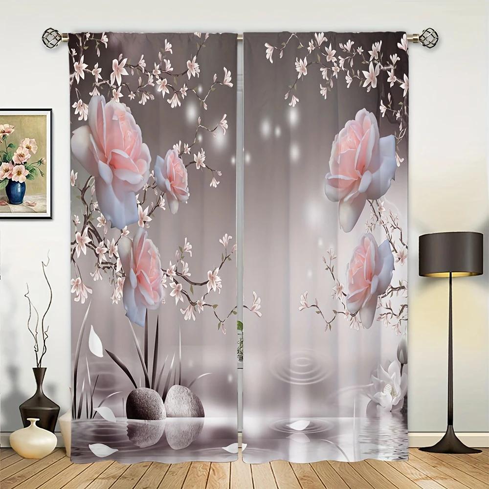 Elegant Pink Flowers - Printed Curtains, Pole Bag Curtains, Home Decoration, Room Decoration