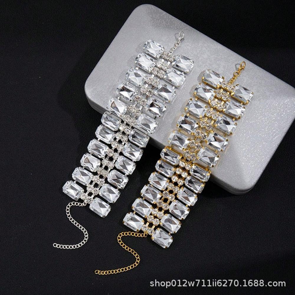 Exquisite Double Row Square Rhinestone Wedding Bracelet Bangle