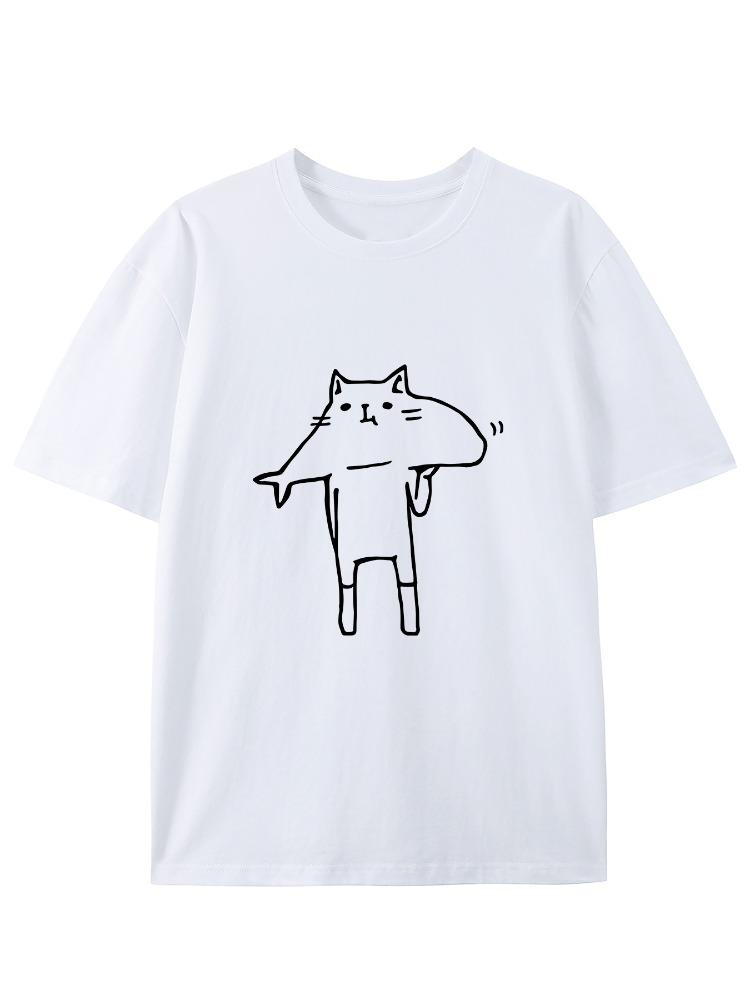 Fun Cat Eating Fish Printed Tshirt Short Sleeve Round Neck Casual Fashion Daily Versatile Womens Tshirt