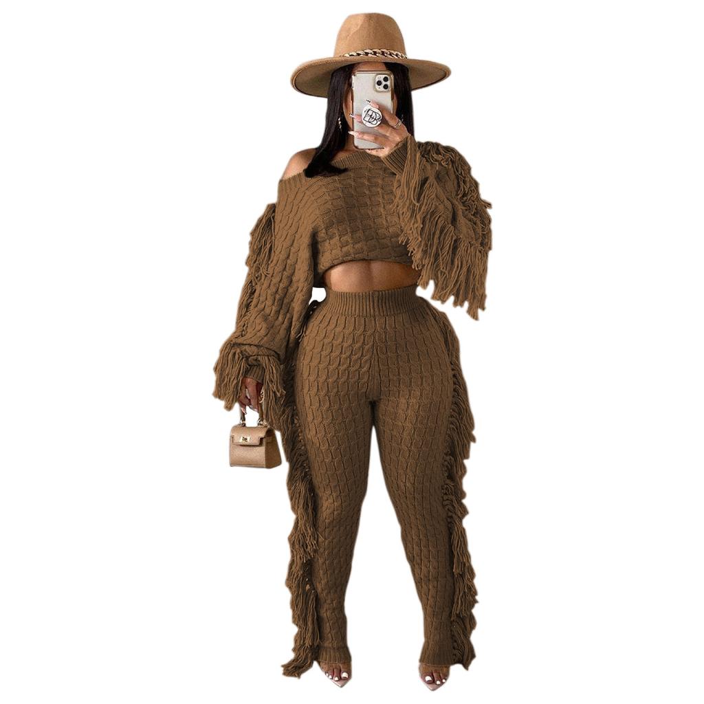 Women's Off Shoulder Long Sleeve Knit Two Piece Set Fringe Crop Top High Waist Wide Leg Pants Solid Geometric Knitted Tracksuit
