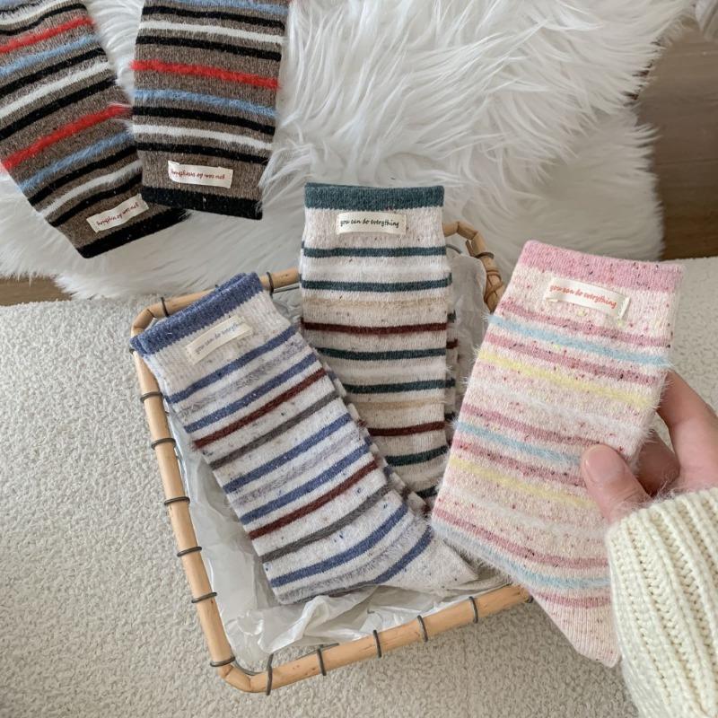 Wool Patterned Yarn Striped Mid-calf Socks, Winter and Autumn Thick and Warm Wool Socks, Pile Socks