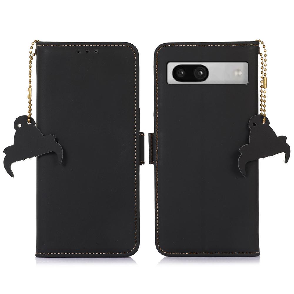 For Google Pixel 7a RFID Blocking Phone Cover Genuine Cow Leather Case with Stand Wallet
