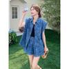 Fashion Slim Fit Embroidered Denim Vest Shorts Set Women Summer European Style Two Piece Outfit