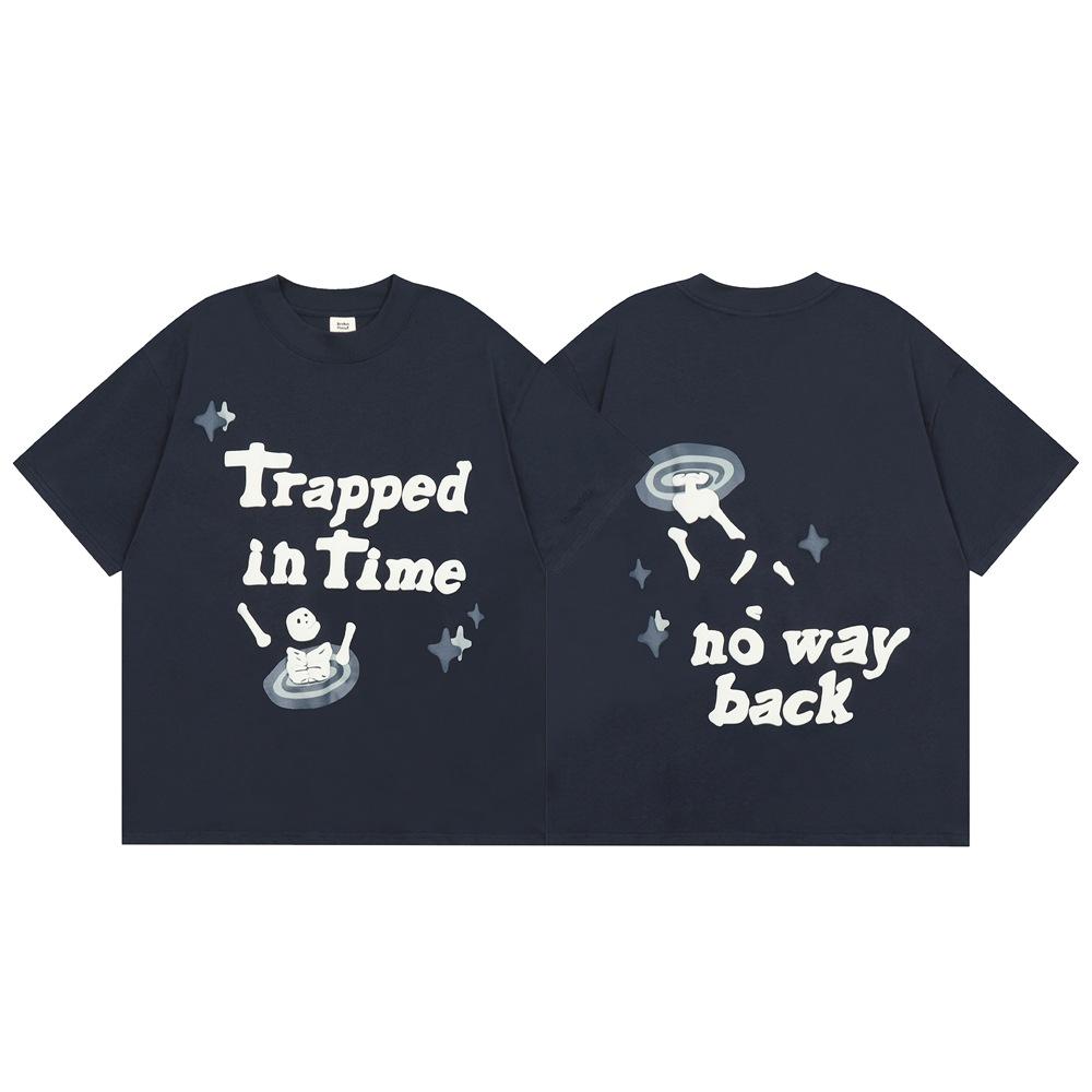 Unisex Hip Hop Cartoon Foam Skull Letters Printing T Shirt Men Women Cotton Tee Tops Casual Loose Gray T-Shirt Streetwear