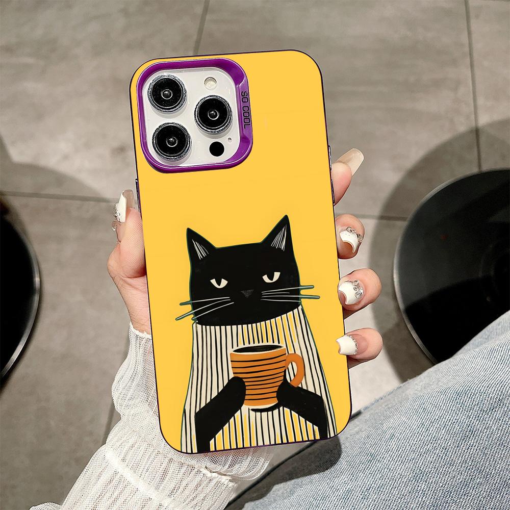 Cute Coffee Cat Purple Translucent Mobile Phone Case for iPhone 17 16 15 14 13 12 11 X XR XS Air Pro Max Plus Colorful Cover