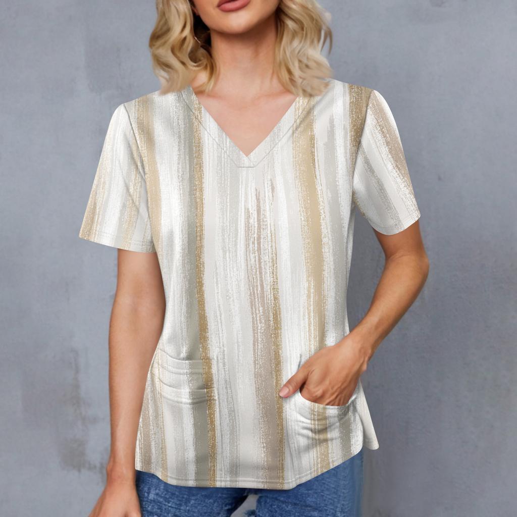 Women's Gradient Print V-Neck Double Pocket Short Sleeves Hem Slit Uniform Caregiver Top