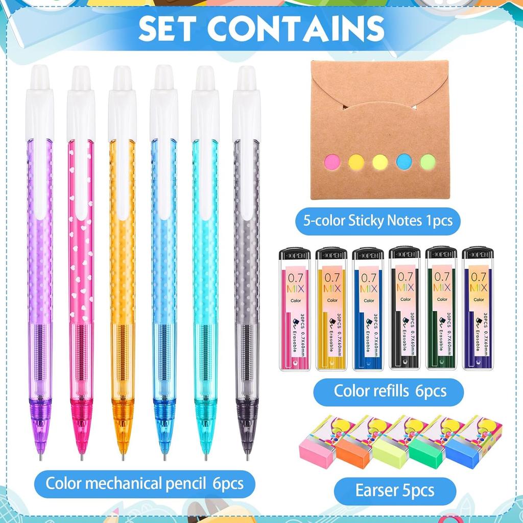 18 Pcs 0.7mm Color Mechanical Pencil Set Back to School Supplies Kit Include Color Mechanical Pencil Refills Erasers Sticky Notes Stationary Supplies