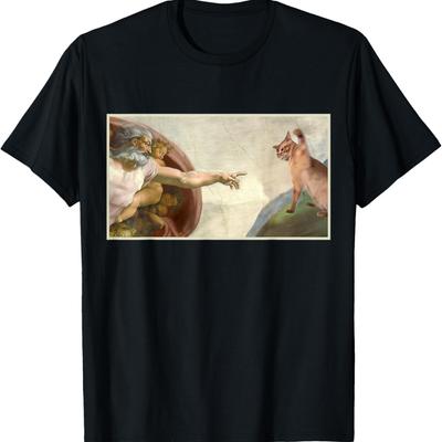 Allmächtiger Klaps Lustige Katze Gott Erschaffung Adams Meme Jesus Kunst T-Shirt für Männer Frauen Kinder
