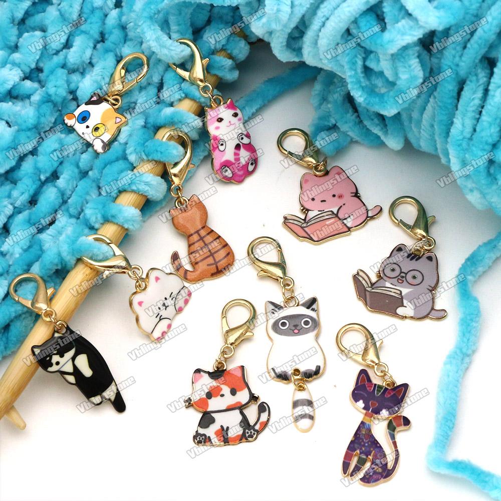 Cat Knitting Stitch Markers Metal Animal Enamel Charms Crochet Locking Knitting Markers Sew Accessories