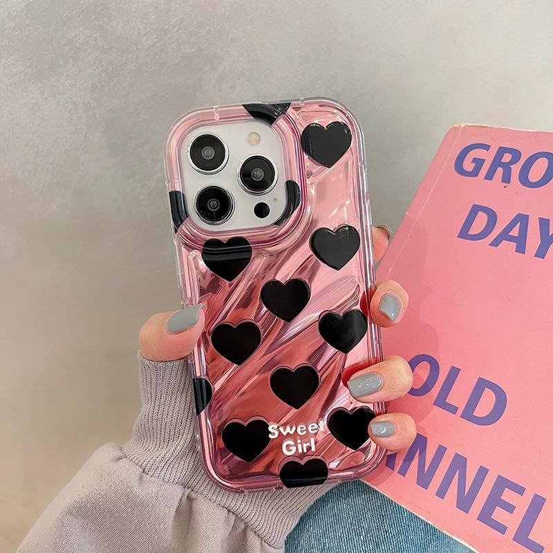 Süße Mädchen schwarz Liebe Herz Falten Welle stoßfeste Hülle für Iphone 13 11 12 14 Pro Max weiche Silikon Stoßstange zurück Abdeckung