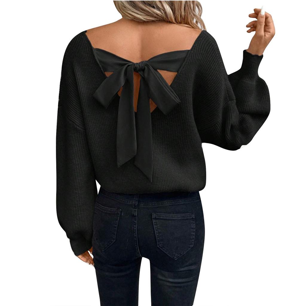 Women's Bow Knit Sweater Long Sleeve Backless V-Neck Drop Chunky Pullover Sweater