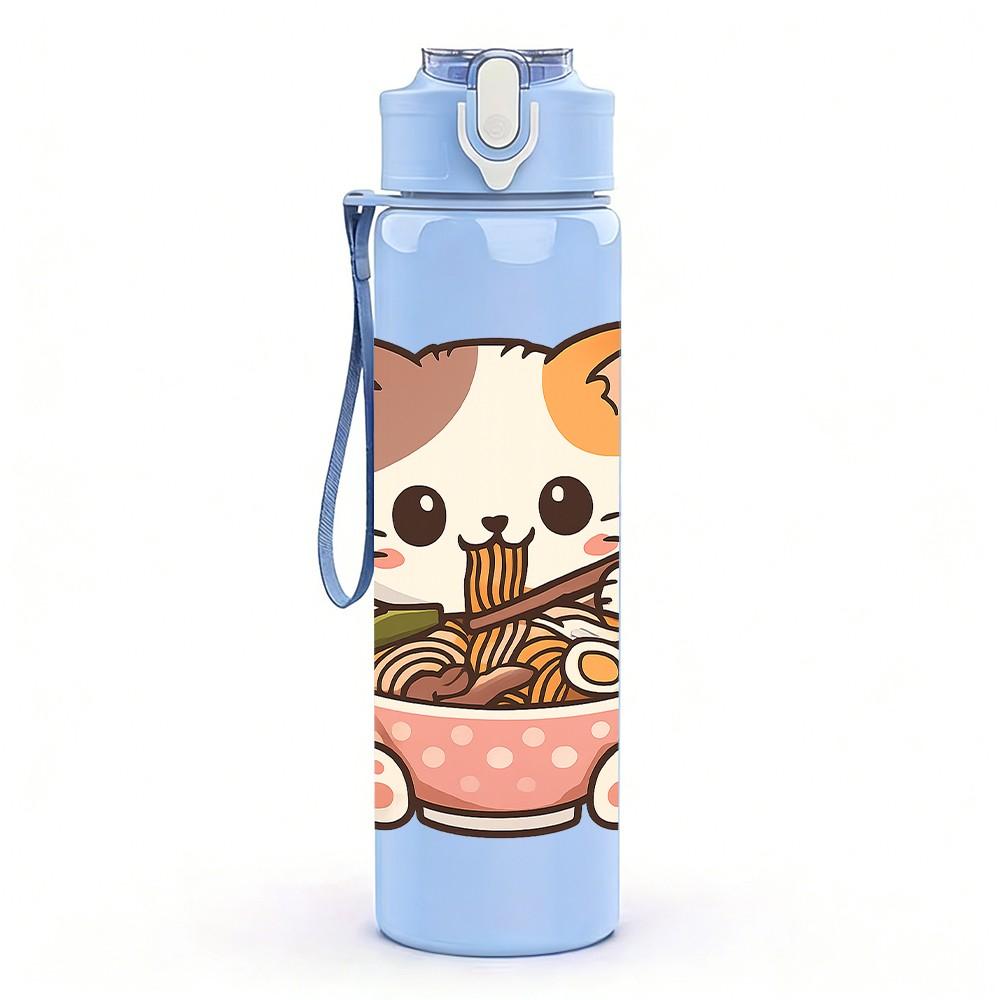 1PC Cat Eat Noodle Cute Cartoon Print 750ml Color Plastic Sports Water Bottle Leakproof Flip Straw Lid Suitable for Sports Office Home Use